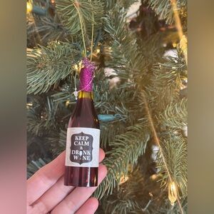 Keep Calm & Drink Wine Bottle Ornament - Pink Glitter Top